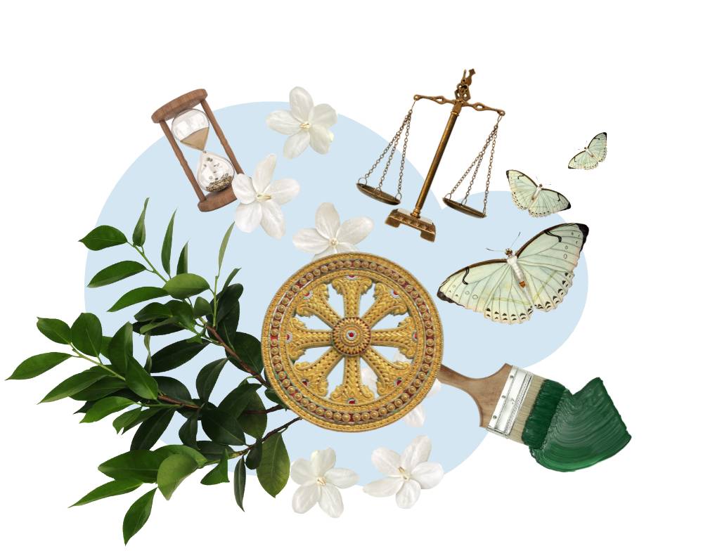 Il Dharma al centro di tutto, insieme alla bilancia che rappresenta l'equilibrio, la clessidra il tempo e il pennello il cambiamento e la bellezza