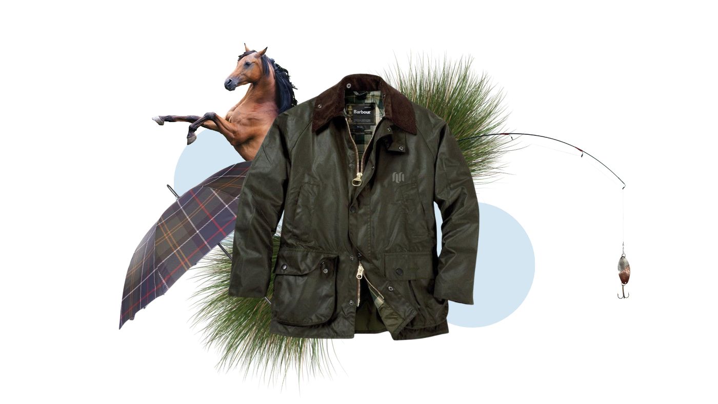 Catalogo Barbour 1987 con clienti veri e concetti di caccia, pesca, equitazione